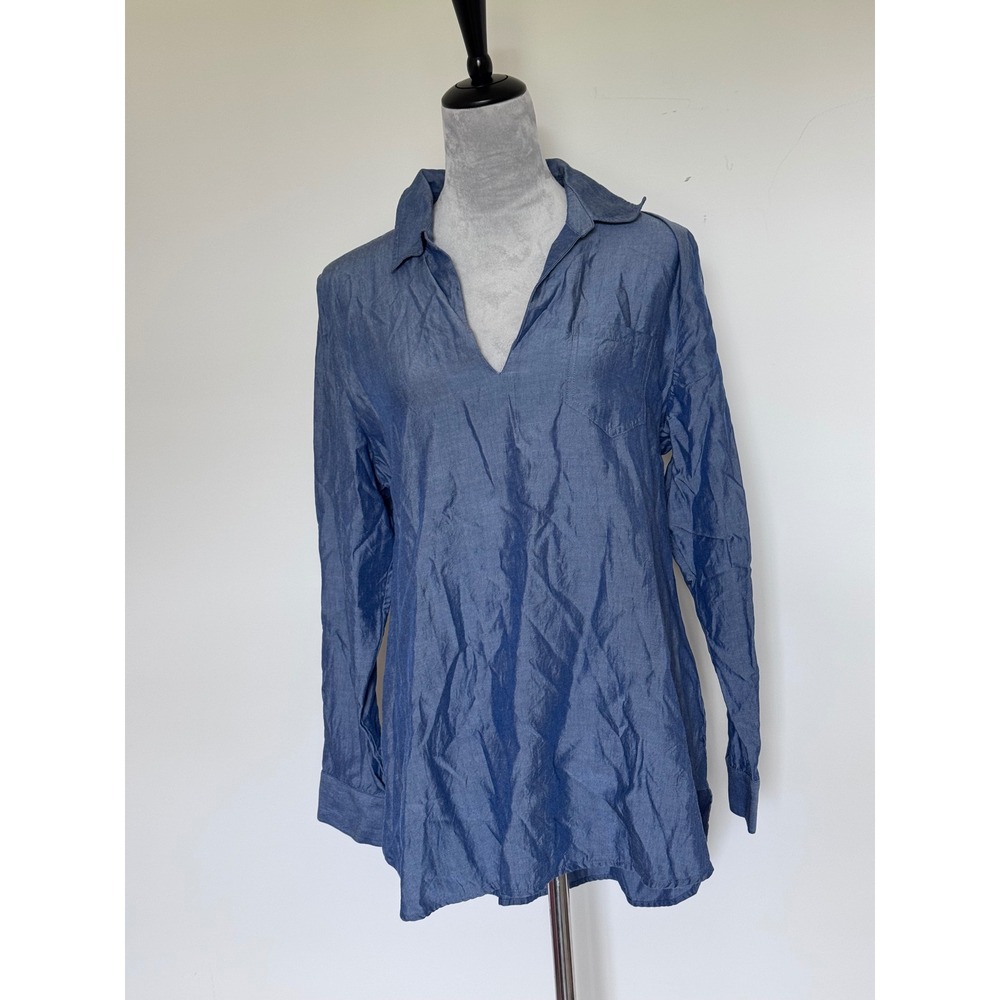 Soft Surroundings Womens Blue V-Neck Long Sleeve Tunic Pullover Top Size Large